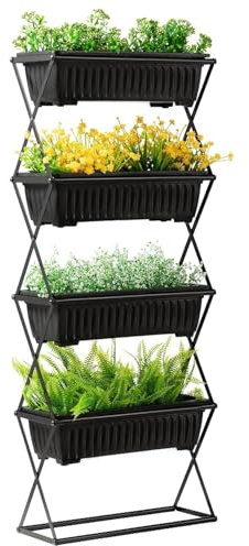 ComfyNex Vertical Raised Planter Stand with 4 Removable Trays – Foldable Indoor Outdoor Tiered Garden Bed for Herbs, Flowers, Vegetables – Space-Saving Plant Shelf (Black, ‎21 x 52 x 127 cm)