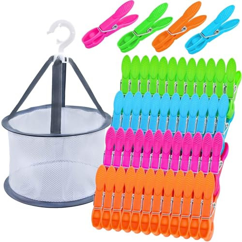 60 Pezzi Mollette per Bucato Antisegno con Cestino Portaoggetti, Porta Mollette Bucato da Esterno di Plastica Colorate, per Calze, Asciugamani, Vestiti