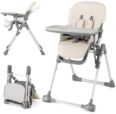 COSTWAY Hochstuhl Baby klappbar, Kinderhochstuhl mit Liegenfunktion & verstellbaren Höhen, mobiler Babystuhl mit abnehmbarer Tablett & Sicherheitsgurt, Kombihochstuhl für 6-36 Monaten (Beige)