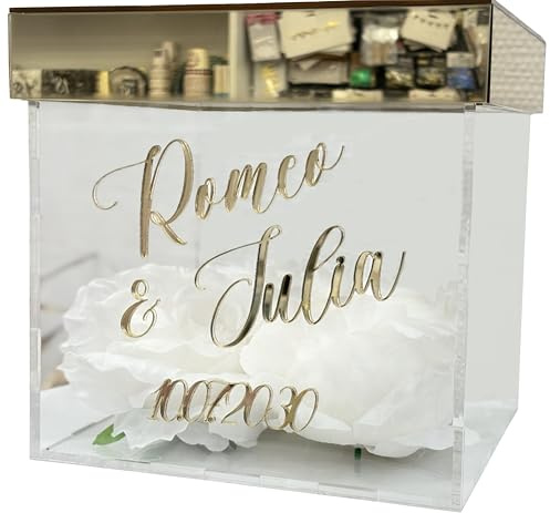 Happenings Urne de mariage personnalisée en verre acrylique miroir doré, ornée de roses blanches – boîte à enveloppes élégante avec prénoms et date – décoration chic pour mariage