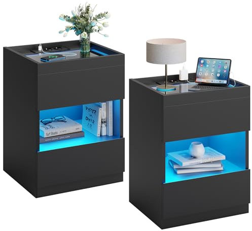 2er Set Nachttisch mit Ladestation und LED-Leuchten, Nachttisch mit 2 Schubladen und 1 offenem Stauraum, Nachtschrank mit 2 USB-Anschlüssen und 2 AC-Steckdosen Nightstand Beistelltisch (2, Schwarz)