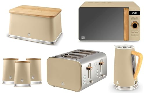 Swan Nordic Oatmeal Kettle, 4 Slice Toaster, 800W 20L Microwave, Breadbin & Canisters. Matching Kitchen Set of 7 with Oatmeal Matt Finish, Stainless Steel Accents and Acacia Wood
