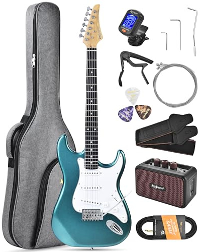Leo Jaymz Beginner Electric Guitar 39” Kit with Portable Amplifier, Padded Gig Bag, Digital Tuner，Capo，Strap，Picks，Classic SSS Pickups(Teal-SSS)