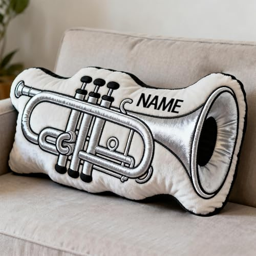 SweetJECCU Personalisiertes Trompeten-Themenkissen, individueller Name Trompetenförmiges Dekokissen, Musik-Plüsch-Dekokissen, Weihnachts- und Geburtstagsgeschenke für Musikliebhaber (Trompete)