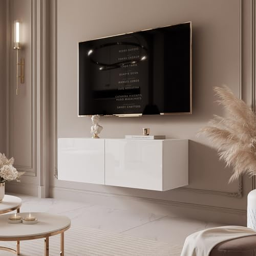 IDOHOME TV Lowboard hängend mit LED und 2 Fächern 100 cm Weiß Hochglanz | 100 x 40 x 36 cm, Laminierte Platte, Mehr Stauraum, Push to Open, TV Zubehör, LED Beleuchtung