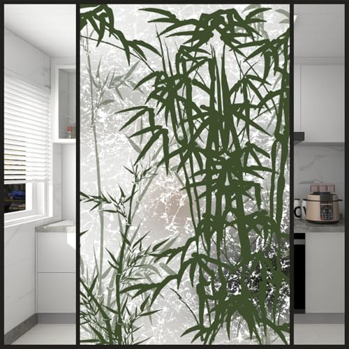 Fensterfolie Blickdicht Grüner Bambus Milchglasfolie Selbstklebend Fenster Einfach Anzubringen Wiederverwendbar für Bad Sichtschutzfolie Fenster Blickdicht von Außen (60x120 cm)