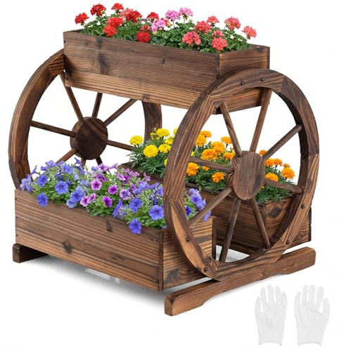 COSTWAY Jardinière Surélevée à 2 Niveaux, 3 Bacs à Plantes en Bois en Forme de Chariot avec Trous de Drainage et Roues, Lit de Jardin Pots de Fleurs pour Patio Balcon, 61,5 x 55 x 62 cm