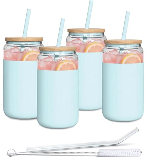 Aquafloow Vaso con pajita y tapa 500 ml | Vasos reutilizables Funda de silicona | Set de vasos - 2 pajitas 1 varilla de limpieza | Para batidos, café, cócteles - 4 piezas - Azul