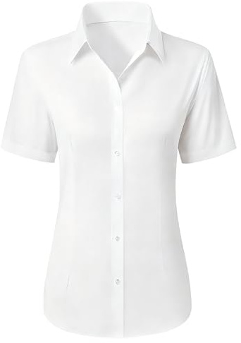 NWDEY Women's Short Sleeve Blouse Classic Fit Button Down White Shirts for Office and Casual Wear (UK, Alpha, L, Regular, Regular, White)