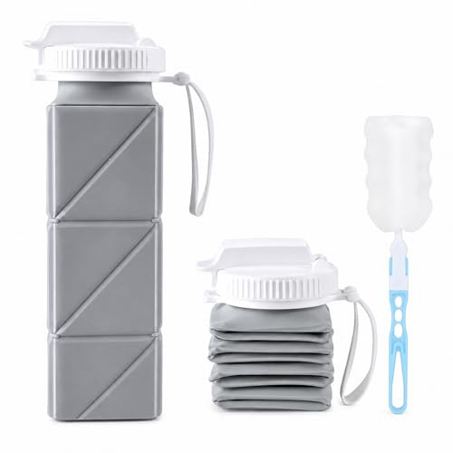 Collapsible Water Bottle, 620ml Silicone Foldable Travel Water Bottle | Lightweight Reusable Leak Proof Water Bottle with Sponge Brush for Camping Hiking Cycling Gym Yoga Travel & School Use