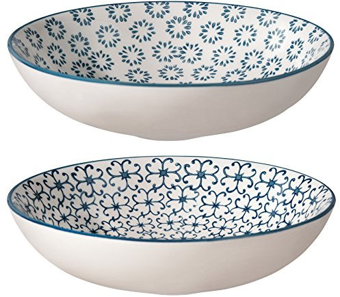 Bloomingville Schalen Kristina Retro Suppenschale Suppenteller tiefer Teller Vintage ø 19 cm, blau, Keramik, 2er Set, fasst ca. 550 ml