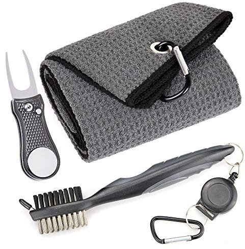 Mile High Life Mikrofaser Waffelmuster Golf Handtuch Club Groove Cleaner Brush Faltbares Divot-Werkzeug mit magnetischem Kugelmarker