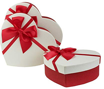 Emartbuy Set von 3 Starre Luxus Präsentierte Geschenkbox in Herzform, Texturiert Rote Box mit Weißem Deckel, Punktmuster Innere und Satinschleife