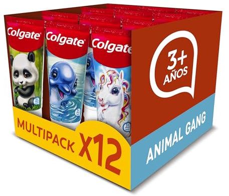 Colgate Animal Gang Pasta de Dientes Infantil, Pack 12 Uds x 50 ml, Dentífrico para Niños Mayores de 3 Años, Protección Anticaries, Fórmula Sin Ingredientes Artificiales, Sabor Natural y Suave