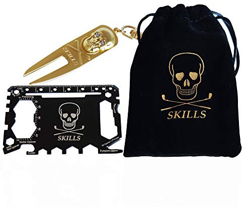 Golfgeschenk-Set: Pitchgabel mit magnetischem Totenkopf-Ballmarker + 46-in-1 Multitool Mehrfachwerkzeug (Gold)