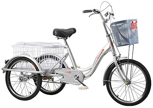 JHKGY Dreirad Für Erwachsene,Single Speed Hybrid Cargo Cruiser Trike Fahrrad,Tragbares Dreirad 20Räder,Senioren Shopping Cargo Trike,Mit Einkaufskorb,Silber