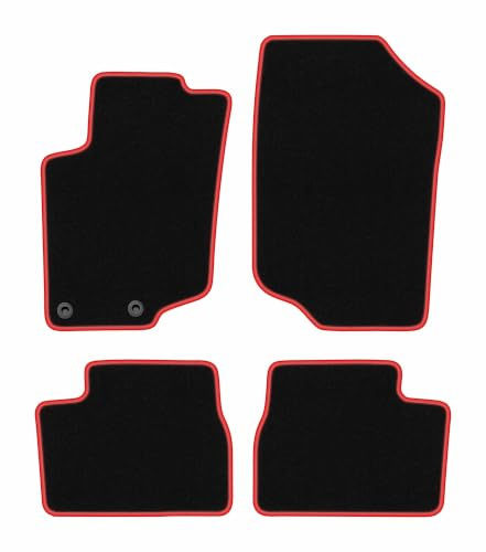 Velours-Fußmatten passend für Peugeot 207 2006-2012, Schwarz-Rot, CARLUX | passend für SW/Kombi/Schrägheck; Velours-Teppich (Polypropylen), ca. 6,5 mm; rutschfest, runde Befestigungen (Typ CP)