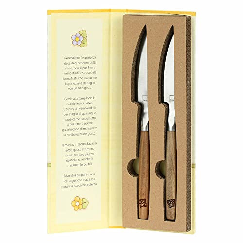 THUN - Set 2 Coltelli per Carne - Cucina, per La Tavola - Idea Regalo - Linea Country - Acciaio Inox, Legno d'Acacia - 23 x 2,5 x 1,8 cm
