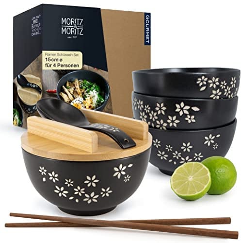 Moritz & Moritz 4x Ramen Schüssel Keramik - 600 ml - 15 cm Ø - Schwarzes Ramen Bowl Set für 4 Personen - Für Suppe, Pho und Sushi Bowl - Inkl. Stäbchen, Deckel und Löffel