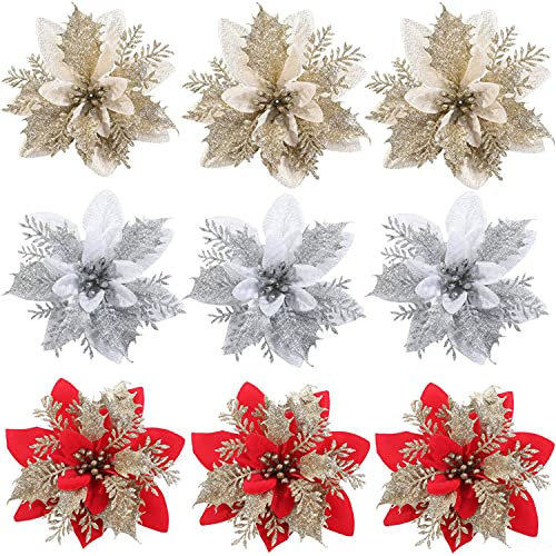 Liuer 30PCS Flores Navidad Artificiales Decoración Arbol de Navidad Guirnaldas Flores Simulación Flor Adornos de Navidad para el Arbol (Rojo + Plata + Oro)