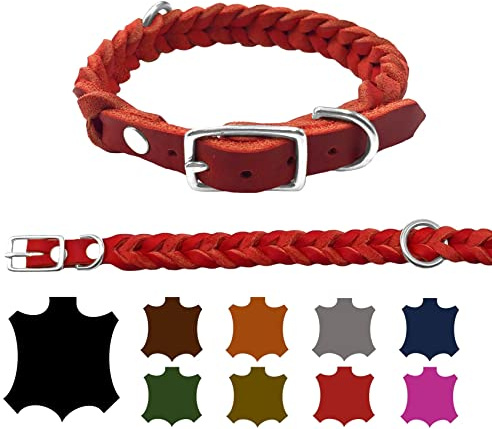 Hundehalsband Fettleder kleine Hunde/große Hunde verstellbar handgeflochten Made IN Germany (L 42cm-48cm Breite:20mm, Rot)