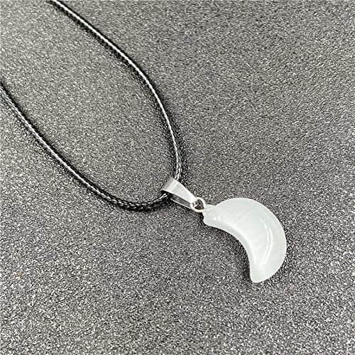 sdfwe Edelstein Kette,Natürlicher Edelstein Kristall Mond Weißer Stein Anhänger Halskette Mit Lederkette Für Damen Herren Modeschmuck