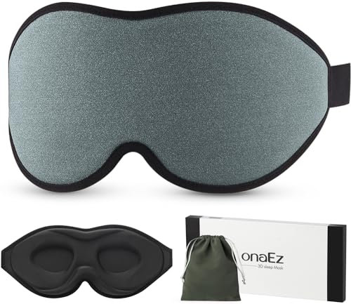 onaEz 3D Schlafmaske für Herren und Frauen, 2024 Total Licht Blockierendes Augenmaske, 12mm Vertiefte Augenhöhlen & Erhöhen Nasenpads, Schlafbrille aus Eisseide für Reisen, Nickerchen, Grau