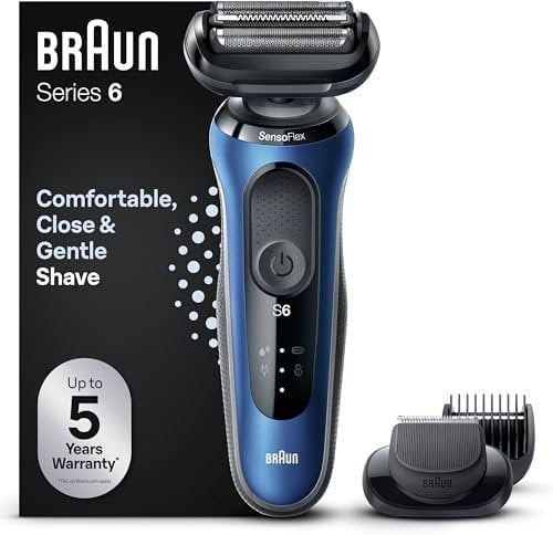 Braun Series 6 61-B1500s Rasoir Électrique Pour Homme Avec Accessoire Tondeuse À Barbe EasyClick, SensoFlex, Technologie Wet & Dry, Rechargeable, Rasoir À Grille Sans Fil, Bleu