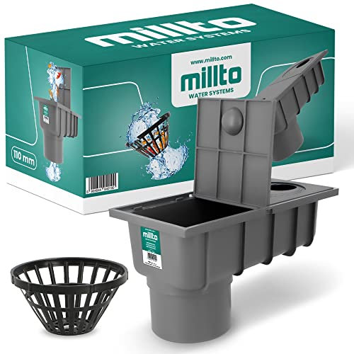 Millto™ Regensinkkasten mit Sieb 110mm Regenwasserablauf Dachrinnenablauf Hofablauf Entwässerung Abflusstrichter Gully Siphon Gechteckiger Kontrollschacht Rückstauverschluß Geruchsklappe