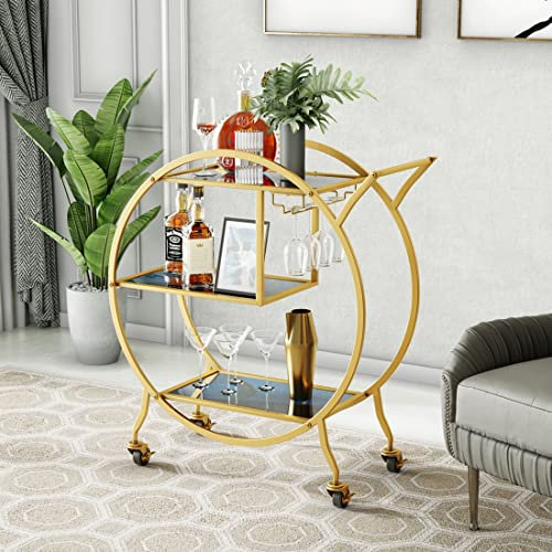 Barwagen, verbesserter 3-stöckiger Goldbar-Servierwagen mit Glashalter und Rädern, Metallgriff, runde Barwagen für Zuhause, Küche, Wohnzimmer
