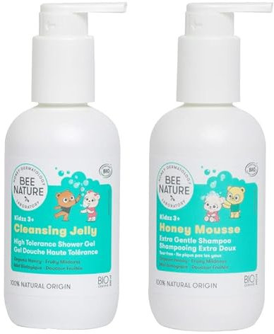 Bee Nature - Gel Douche Bio Enfant 200ml - Shampoing Honey Mousse 200ml - 100% Biodégradable et Recyclable.