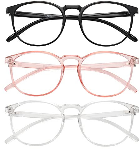 Przene 3 Pack Blue Light Blocking Glasses Womens/Men, Retro Round Computer Glasses Eye Strain / UV/Glare, Gaming Glasses. (Black/Crystal/Pink)