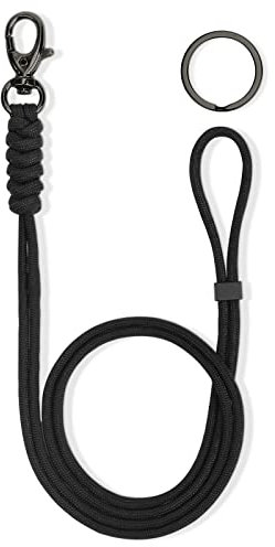 LIUGX Paracord Braided Lanyard for ID Badge Holder, Adjustable Length, Heavy Duty Neck Lanyard Keychain with Metal Clip Key Ring for Phone Wallet Key, Black With Gunmetal Clasp