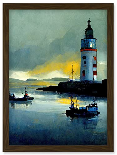 Doppelganger33 LTD Scottish Harbour Fishing Boats Lighthouse Modern Artwork Framed Wall Art Print A4