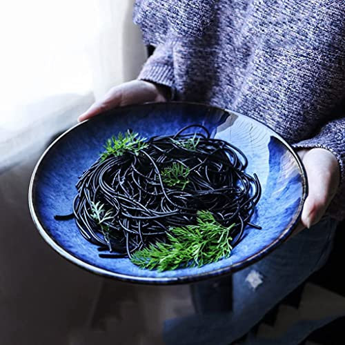 Italian Noodle Bowl Creative Ceramic Bowl Fruit Salad Bowl Large Capacity Household Soup Bowl Thickening Anti Scalding Dessert Bowl Restaurant Round Tableware,Blue,9 inches