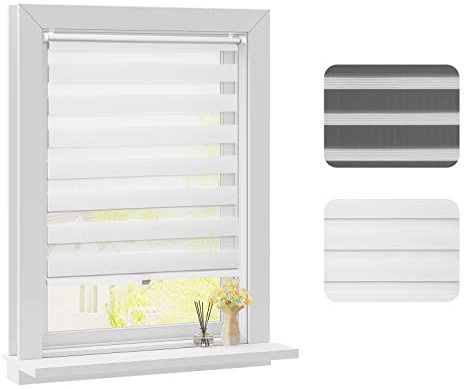 WOLTU Doppelrollo Schnurlos Klemmfix ohne Bohren Weiß B70 x H130 cm, Duo Rollo lichtdurchlässig Fensterrollo für innen verdunkelnd, Zebrarollo ohne Kettenzug für Fenster & Tür