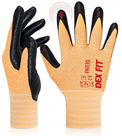 DEX FIT Guantes de Trabajo FN330, Ajuste Cómodo Elástico 3D, Buen Agarre, Recubrimiento de Espuma Duradero de Nitrilo, Táctil, Fino y Ligero, Lavable en la Lavadora; Naranja 7 (S) 1 Par