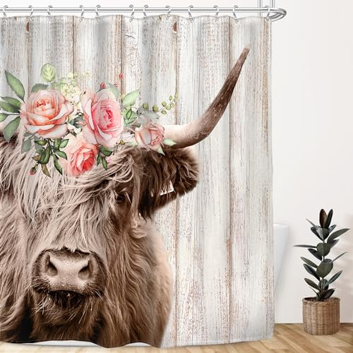 AMBZEK Highland Cow Duschvorhang 183 x 183 cm (B x L), rustikaler Bauernhaus-Stier mit Girlande, westliche Holzplanken, Landkunstwerk, Stoff, wasserdicht, Polyester, Badezimmer-Dekor-Set mit 12 Haken