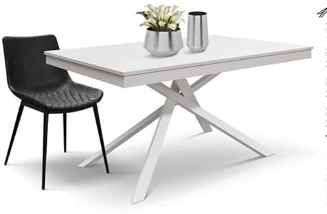 Mar.c.a. Design - Table extensible salle à manger en métal et plateau avec finition bois blanc, table à manger design mobilier moderne, table de cuisine 120 x 80 x 77 cm + 1 rallonge latérale 50 cm