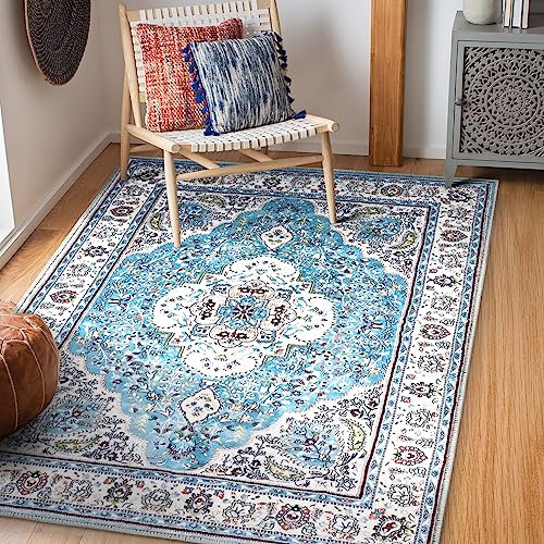 COMSLE Area Rug 10,2 x 15,2 cm, Kunstwolle, Teppiche für Küche, Persisch, waschbar, rutschfest, abgenutzter Teppich, weicher Akzentbodenteppich für Schlafzimmer, Wohnzimmer, Waschküche (Hellblau)