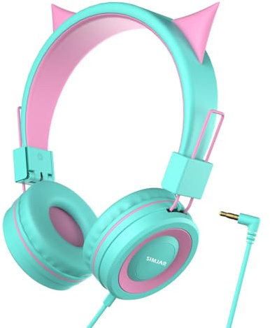 Simjar Cat Ear Kids Headphones for School, Wired Girls Foldable Headphones with Adjustable Headband, 3.5 MM Jack for Online Learning/Travel/Tablet/iPad/Computer, Green