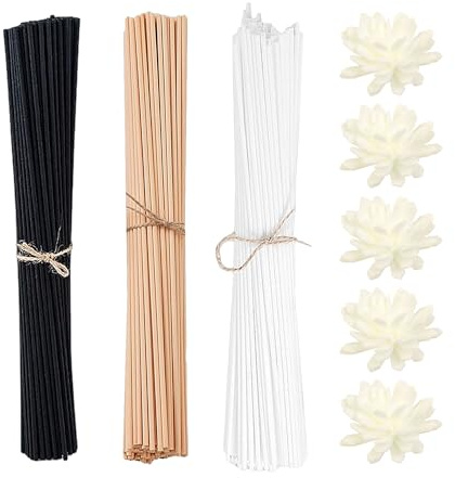 MEMOFYND 150 Aromatherapie-Sticks aus Holz und Rattan mit 5 Aromatherapie-Blumen, Diffusorstäbchen und Duftstäbchen, Aromatherapie-Sticks für zu Hause