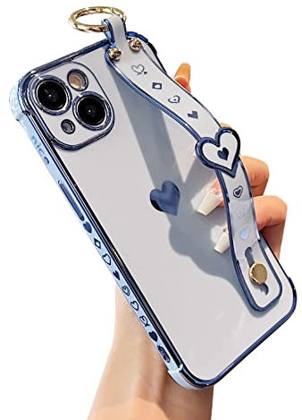 DEFBSC for iPhone 15 Case with Wrist Strap, Cute Side Love Heart Plating Edge Phone Case with Heart Pattern Wristband Finger Holder Stand Soft TPU Bumper Shockproof Protective Case - Blue