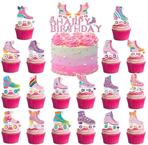 37pcs Cake Decoration Set - 1pc Big Cake Topper, 36pcs Cupcake Toppers for 80s 90s Retro Hip Hop Roller Skating Theme Birthday Party Decor