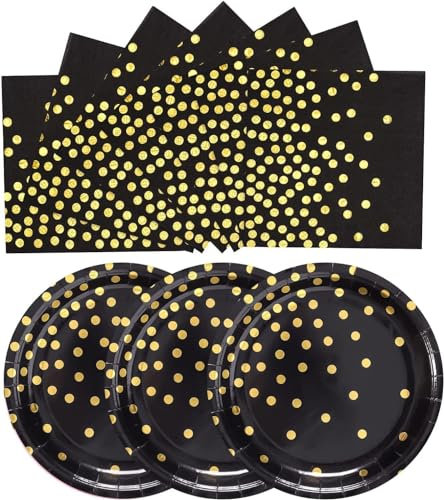 EVYIENEN 50 platos y servilletas de papel negro y dorado, 25 x 17,8 cm, platos de postre de 25 x 16,5 cm, servilletas desechables para fiestas, cumpleaños, fiestas