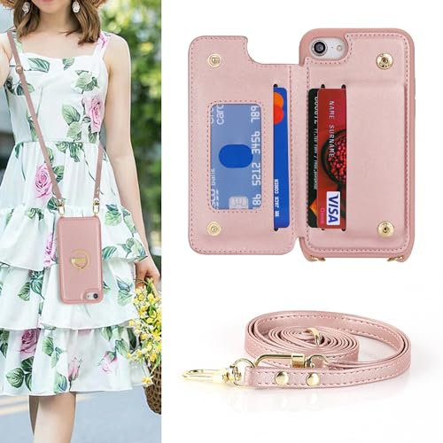 SailorTech iPhone 7/8/SE2/SE3 Case with Credit Card Holder, iPhone 7/8/SE 2020 Phone Leather Case Ring Stand with Kickstand Strap Card Slots Wallet Crossbody for iPhone 7/8/SE 2022 - Rose Gold