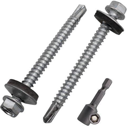 SKIR'CO (100 pièces) Vis à toiture zinguées 5,5 x 60 mm, tête hexagonale, vis autoperceuses DIN 7504-K avec rondelles d'étanchéité EPDM