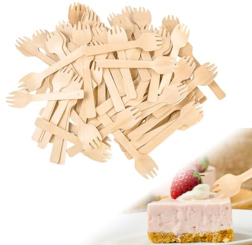 SLTAXAR 300 Pièces Fourchettes en Bois Jetables Couverts en Bois Jetables Mini Fourchettes en Bois de Bouleau Naturel pour Fête, Dessert, Pique-Nique, Anniversaire, Réunion, 10,5 * 2,5 cm