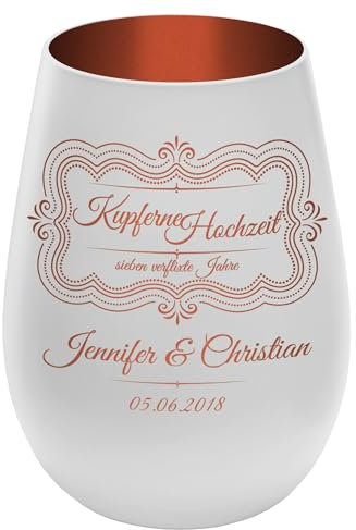 Windlicht mit Gravur ''7 Jahre Kupferne Hochzeit'' - Weiß/Kupfer - Glas Teelichthalter personalisierbar mit Wunschtext - Geschenk zu Hochzeit Jahrestag Jubiläum