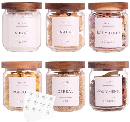 6 Set Glass Pantry Storage Jars with Acacia Airtight Lid - 15oz Thicken Glass Kitchen Canisters with 132 Pantry Labels - Clear Glass Food Storage Containers with Wood Lid for Tea,Sugar,Spice,herbs
